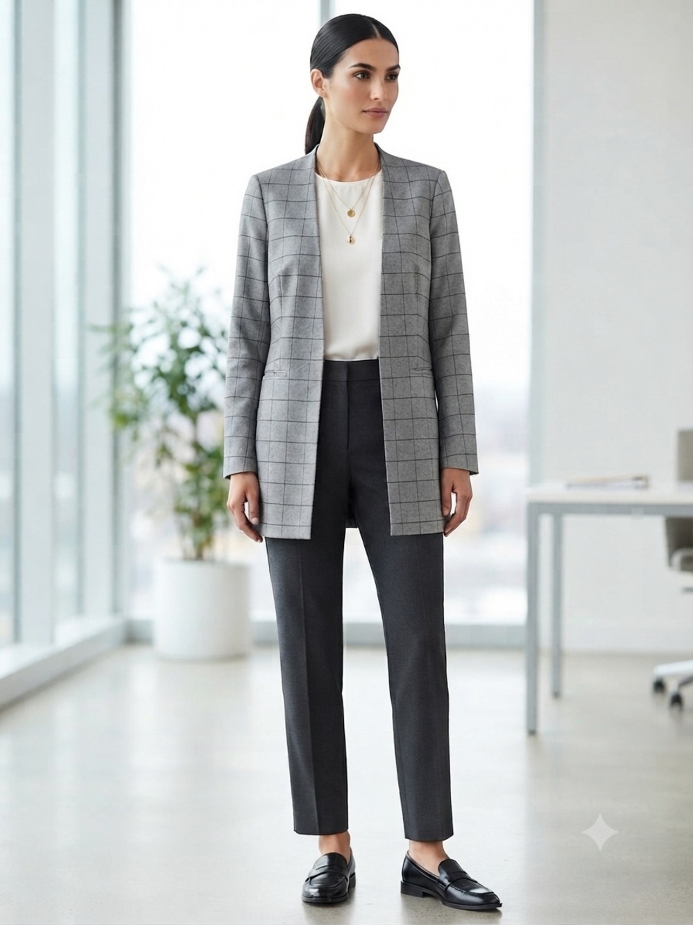 Calvin Klein Gray Windowpane Long Blazer